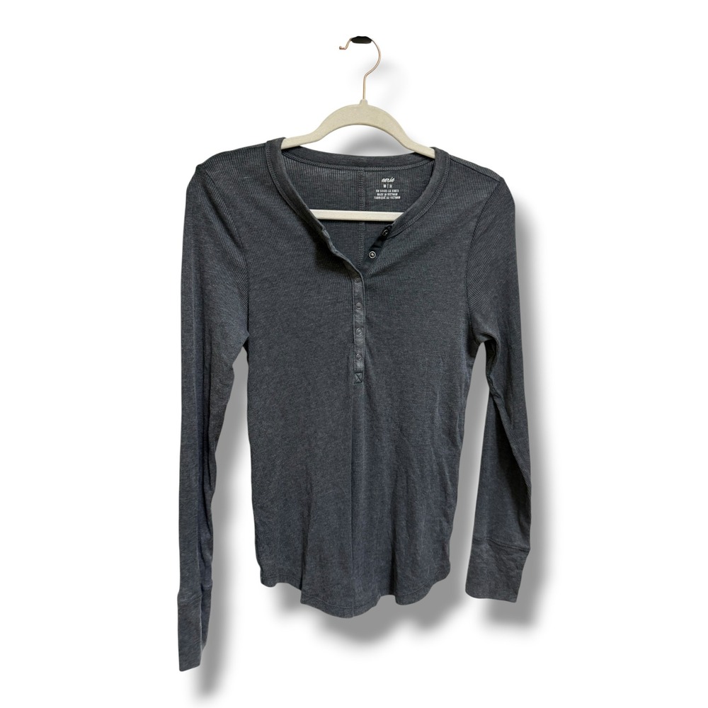 Aerie Womens Charcoal Gray Ribbed‎ Henley Long Sleeve Top Size Medium Slim Fit